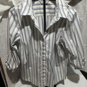 Nine West White and Blue Striped Shirt